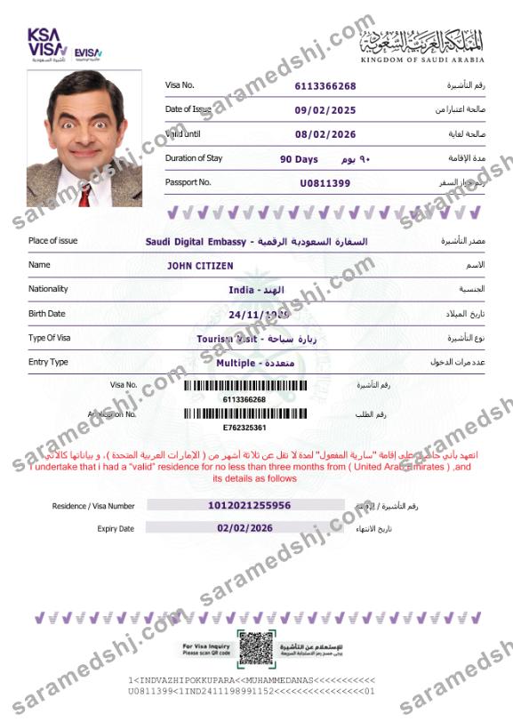 Saudi Arabia e-visa template in Word and PDF formats, version 2